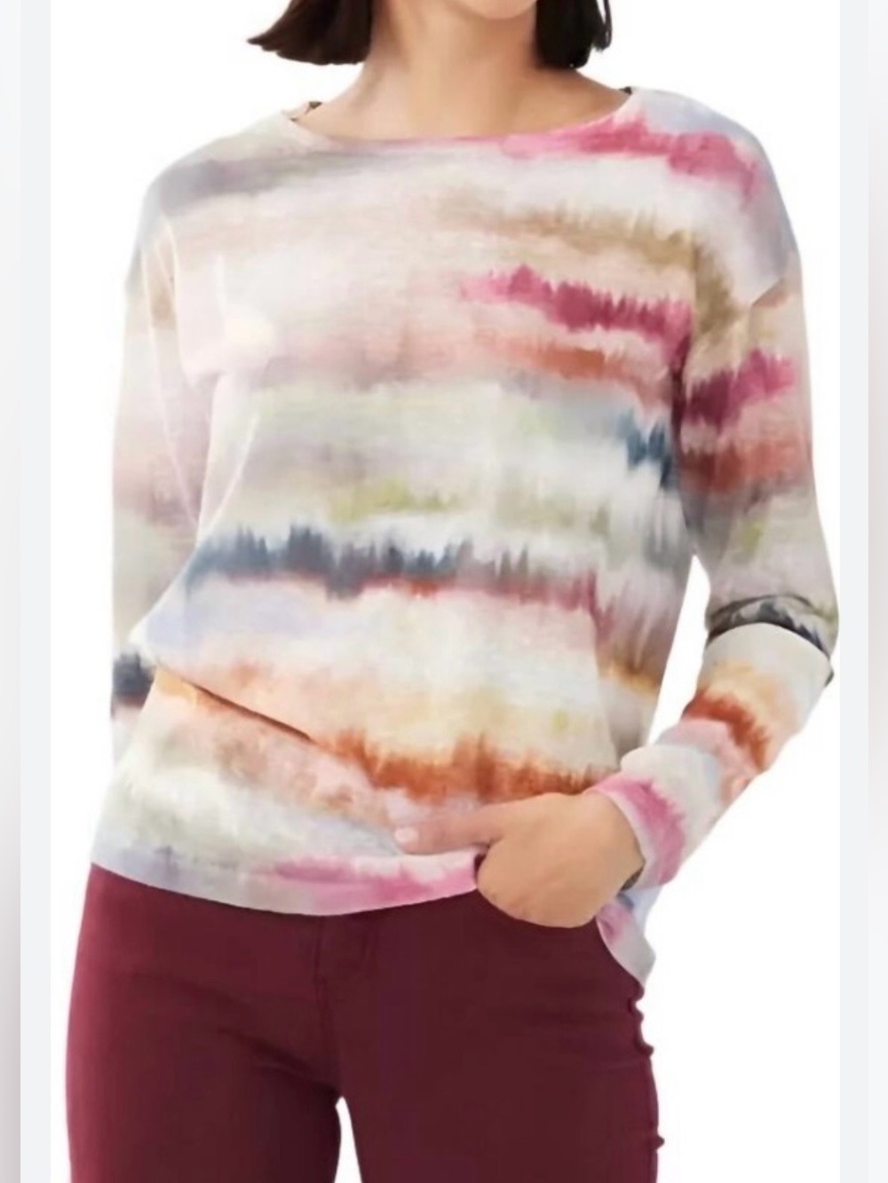 FDJ Salt Dye Watercolor Stripe Boatneck Long Sleeve Casual Top Sz M